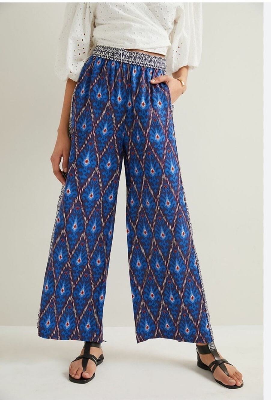 Anthropologie Womens Vale Blue Aztec Printed Wide Leg Pull On Pants SMALL